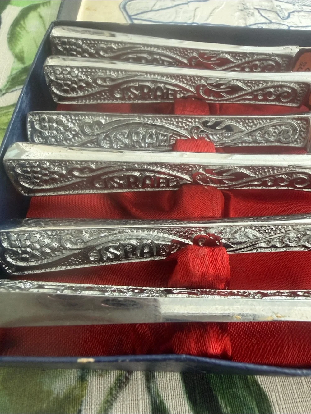 Vintage Israel Souvenir Silver-Plated Knife Set - Red Lined Case